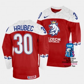 Simon Hrubec 2023 IIHF World Championship Czechia #30 Red Away Jersey Men