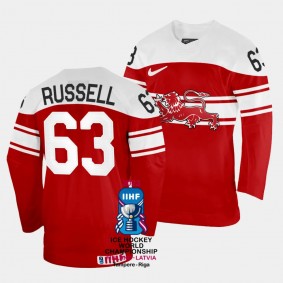 Denmark #63 Patrick Russell 2023 IIHF World Championship Away Jersey Red