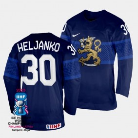 Finland #30 Christian Heljanko 2023 IIHF World Championship Away Jersey Navy