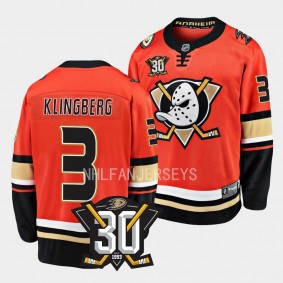 2023-24 Anaheim Ducks John Klingberg 30th Anniversary Orange Home Jersey