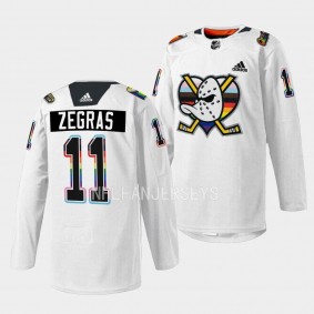 Trevor Zegras Anaheim Ducks Pride Night 2023 White Jersey warm up